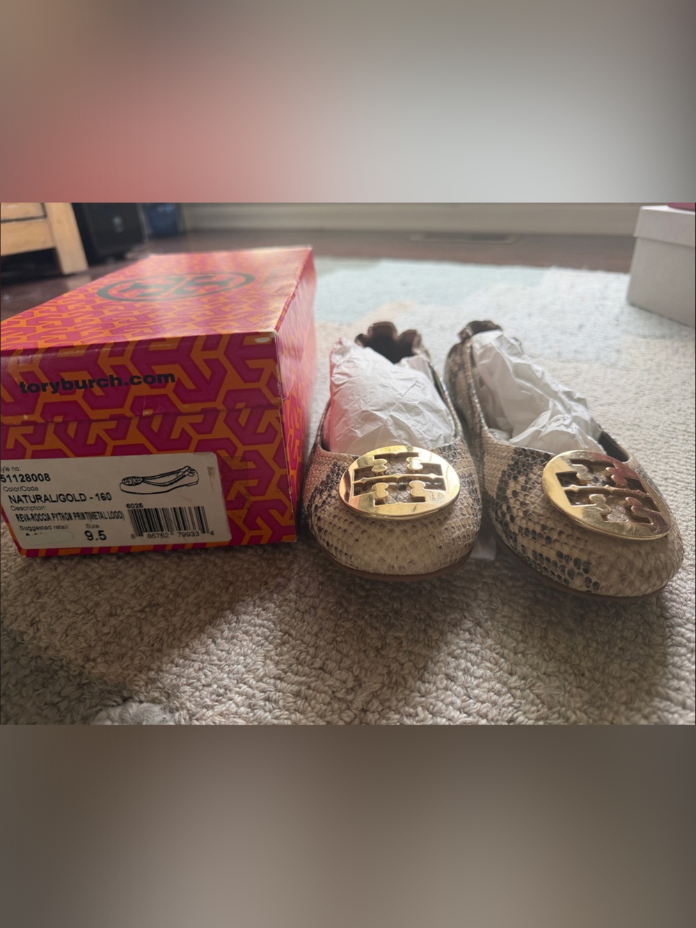 Tory Burch Metallic Gold Logo Moccasins in Natural Snake Print